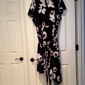Lane Bryant Black and Pink Floral Mini Dress with tie belt